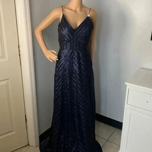 Weddington Way | Florence Navy Metallic Striped V-Neck Bridesmaid Dress